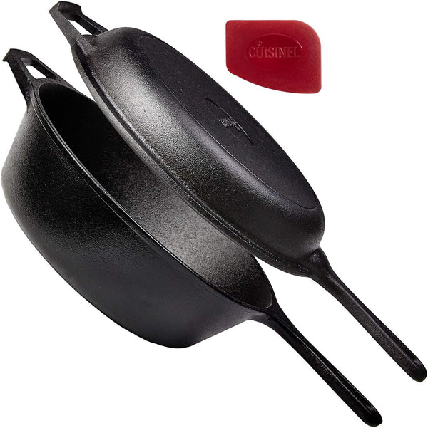 Cuisinel Cast Iron Skillet + Lid, 2-In-1 Multi Cooker, 3-Qt Dutch Oven, Pre-Seasoned Oven Cookware