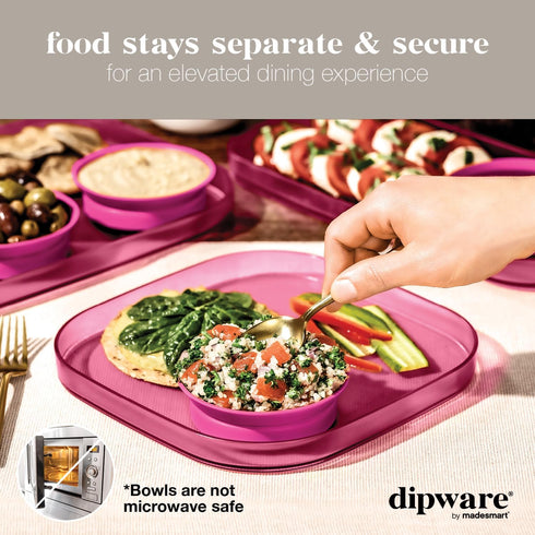 Madesmart dipware Dinner Plate with Collapsible and Removable Dip Bowl for Meals and Appetizers; Reusable Serving Plate with Multipurpose Bowl, Translucent Pink by madesmart