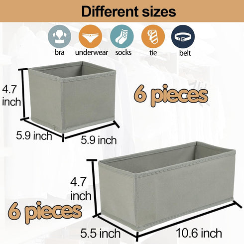 Set of 12 Drawer Organizer, Fabric Closet Organizer and Storage Baskets for Clothing, Sock, Ties, Gray