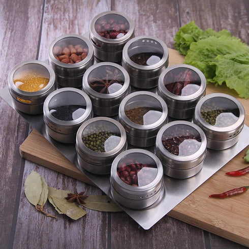 Sanvcomy 12 Magnetic Spice Jar Containers Spice Tins - Wall Mounted Stainless Steel Base - Easy to Install