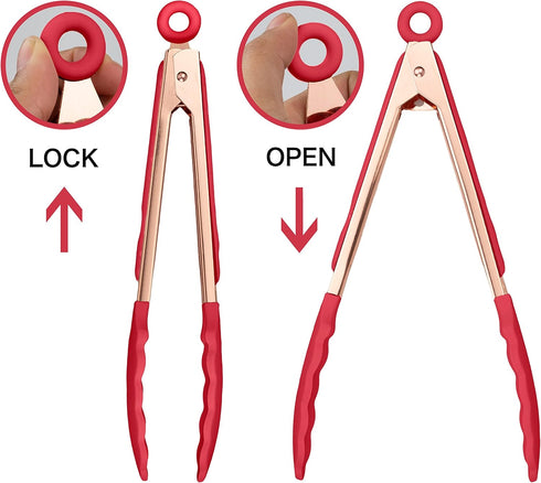 COOK WITH COLOR Stainless Steel Silicone Tipped Kitchen & BBQ Tongs Set, 2 Pc Tongs in Red