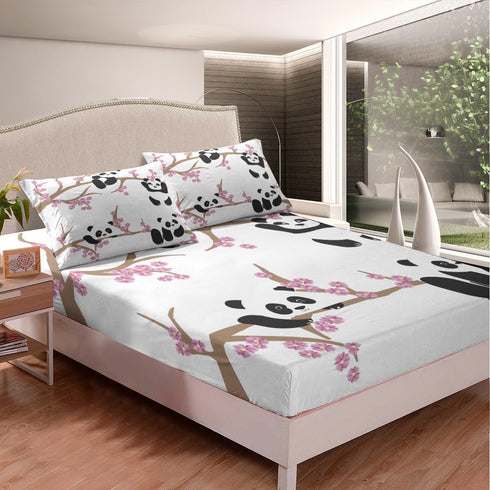 Set Set Erosebridal Kids Panda Fitted Sheet Cherry Blossoms Sheet Full Size Cute Animal Bedding for Boys Girls Teens