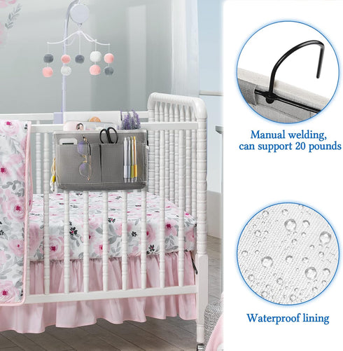 Bedside Caddy Hanging Storage Basket, Bed Organizer for Headboards, Bunk Dorm Rooms, Crib Beds (Grey)