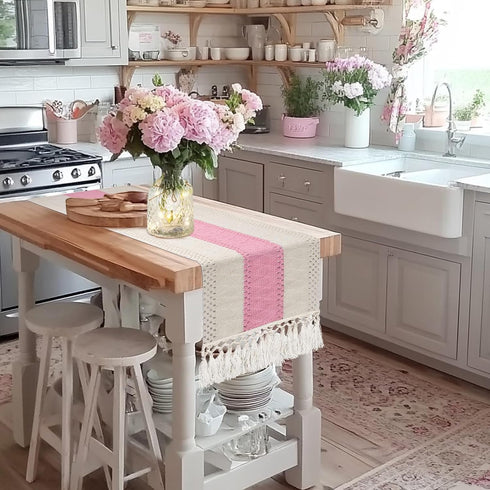 36 Inches yuboo Pastel Pink Spring Table Runner, Small Boho Macrame Dresser Runner Scarf for Nightstand, Coffee Table