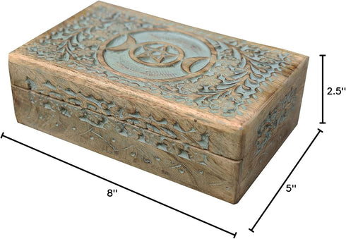 DharmaObjects Large Triple Moon Hand Carved Jewelry Trinket Keepsake Wooden Storage Box, Turquoise