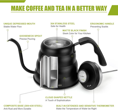 Black Gooseneck Tea Kettle with Thermometer, 40 floz/1200ml Premium Stainless Steel Pot for Pour Over Coffee