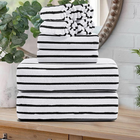 Oliven 8 Pcs Black White Cabana Stripe Large Bath Towel Set Oversize
