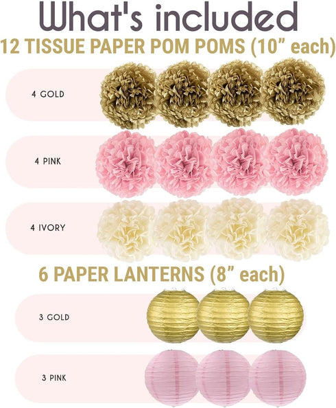 EpiqueOne 22-Piece Tissue Paper Pom Poms Party Set, Pink, Gold & Ivory for Birthdays, Showers & More