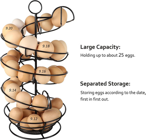 Countertop, QUTREY Black Metal Egg Skelter with Storage Basket, Spiral Design Egg Holder for Large Egg for Kitchen
