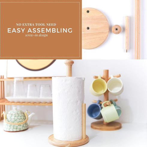 Paper Towel Holder, Large Base Dia 7" Wooden Natural Color Stand for Kitchen Bathroom, ZJ281Y