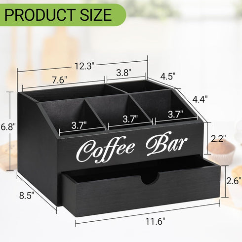 Coffee Bar Organizer Countertop, Wooden Accessories with Drawer, Coffee Station Organizer for Coffee Pods Holder