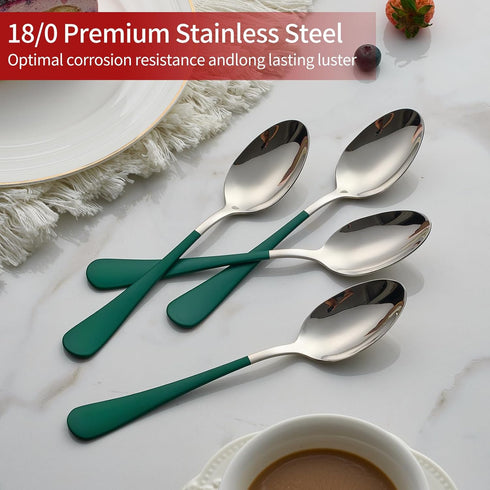 Set 24 18/0 Spoon,7.3-inch Sets Set 24,Mirror Green Dinne spoons Piece,Green Handle Silverware Spoon Stainless Steel