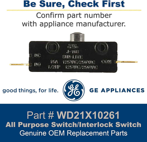 GE Genuine OEM All Purpose Switch/Interlock Switch for Dishwasher, WD21X10261