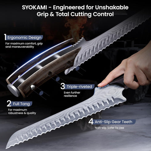 2026 Offset 10.5 Inch SYOKAMI New Upgraded Bread Knife for Homemade Bread, Resharpenable Serrated Knife, Ultra-Sharp