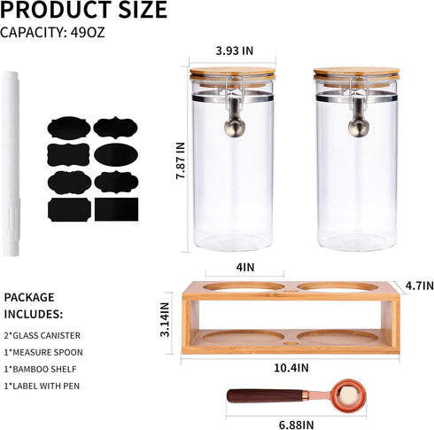 Glass Coffee Storage Container with Bamboo Shelf, 2PCS 49oz Airtight Sealed Jar with Clamp Lid & Spoon