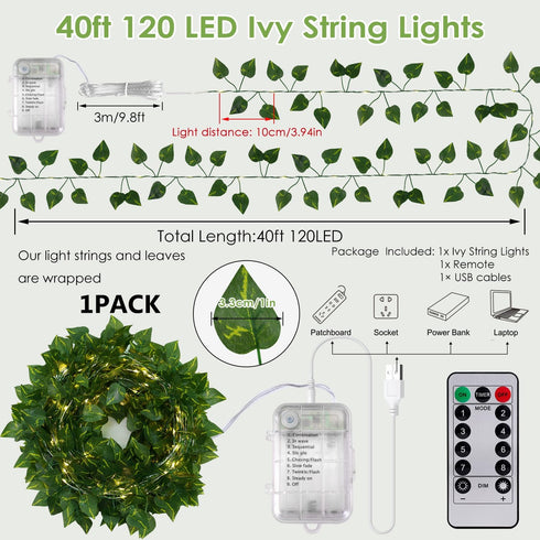 40FT 120LED OMIKA Vine with Fairy Lights Battery Operated, Pothos String Lights with Remote, Pothos Leaf Lights