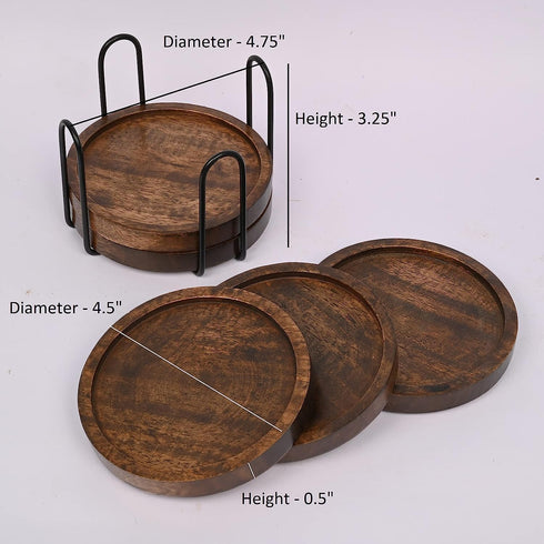 Mango Wood Coasters Set of 5 with Iron Holder Stand, Protects Countertops from Water Marks