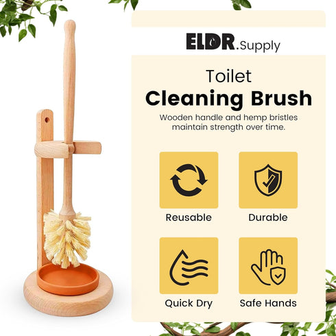14 Inch ELDR Supply Toilet Bowl Cleaner Brush with Holder, Extra Long German Beechwood Handle, Strong Hemp Bristles
