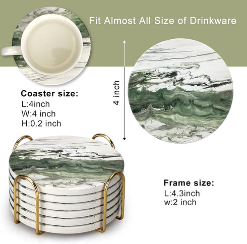 Dksyee 6 Set Pcs Green Ceramic Coasters with Holder Round Cool Drink Best Modern Absorbent Coaster for Coffee Table