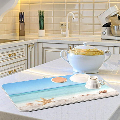 Summer Starfish Dish Drying Mats, Seashells Beach Theme for Kitchen Counter Sink, 16x18 Inch