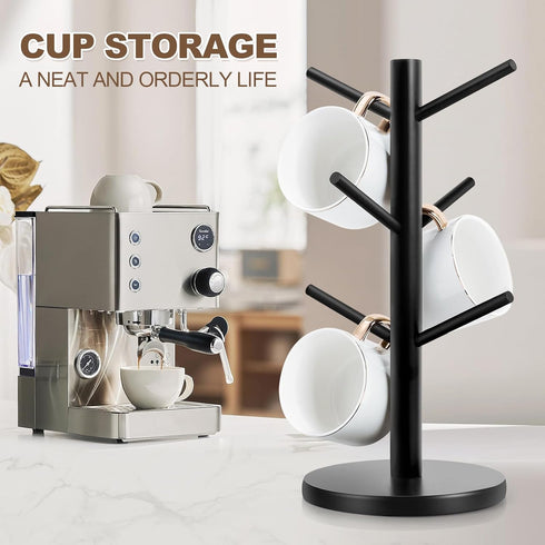 Mug Tree, Thicker Base Coffee Cup Holder for Countertop, Sturdy Wood Coffee Tree Mug Holder Stand with 6 Hooks, Non-Slip Mug Rack for Home Storage and Organizer, Coffee Mug Hanger by Fertoriy