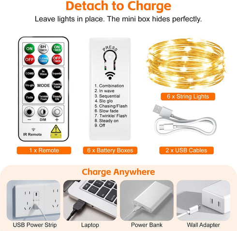 6 Pack 7ft 20LED Dimmable Rechargeable Fairy Lights with Remote & DIY Timer, Silver Wire String Light for Mason Jar