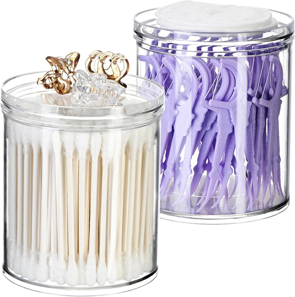 SheeChung 2 Pack Qtip Holder - Stackable Plastic Apothecary Jars with Storage Lids for Bathroom Organization (10oz)