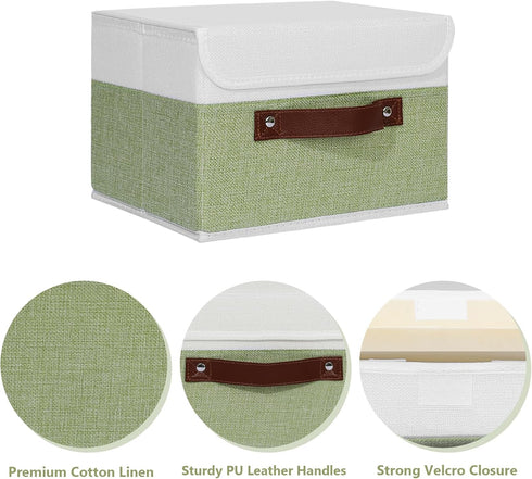 ANMINY Storage Boxes with Lids Washable Decorative Storage Bins Basket with PU Leather Handle Foldable Linen Fabric Storage Cubes Containers for Home Closet Organizer - Green White, Small Size by ANMINY