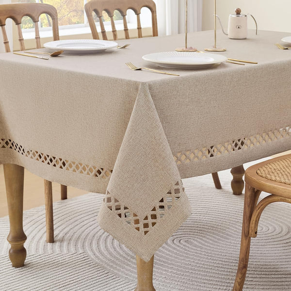 Farmhouse Linen Textured Tablecloth Lattice Cutwork Waterproof & Stain Resistant Table Cloth