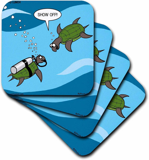 3dRose cst_5289_2 Soft Coasters Set of 8 - Sea Turtle Scuba Showing Off Underwater