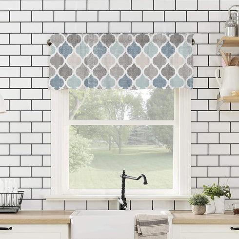 Valances Curtains for Living Room, Retro Blue Moroccan Geometric Pattern Semi Sheer Valance, 42''x12''