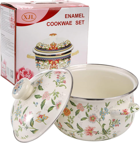 Jucoan 2.8 Quart Vintage Enamel Stockpot with Lid, Green Floral Cooking Pot for Stovetop