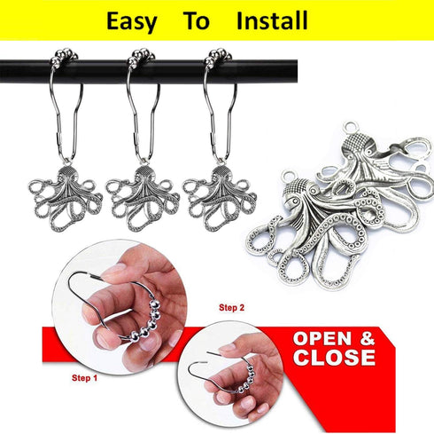 Set of 12 Octopus Shower Curtain Hooks, Decorative Stainless Steel Rustproof Brushed Nickel Rings for Bathroom