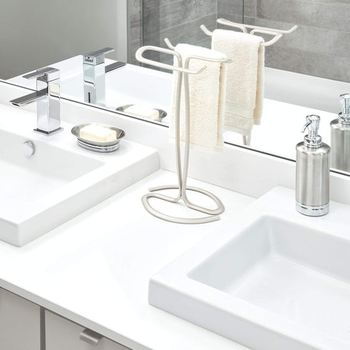 iDesign Axis Metal Hand Towel Holder for Master Bathroom, Vanities, Countertops, Kitchen, Holds 2 Finger Tip Towels