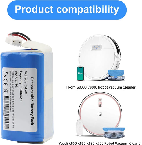 MULS 2600mAh Battery Replacement for Tikom L9000, L8000, G8000 Robot Vacuum Cleaner, Yeedi K600, K650, K680, K700 14.4V