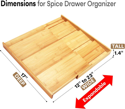 3.1 4 12" 23" Bamboo Spice Drawer Organizer, (Need Deep Drawer) Expandable Tier Spice Rack for Cabinet (From to Wide)