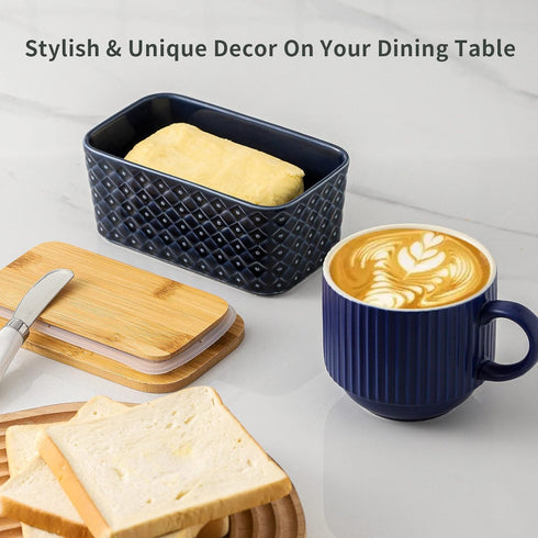 Hasense Large Ceramic Butter Dish with Lid, Navy Blue Embossed Pattern, Airtight Butter Keeper for Countertop, Easy