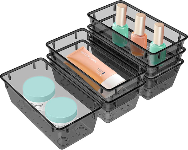 WOWBOX 6 PCS Clear Plastic Drawer Organizer Set, Desk Drawer Divider Organizers for Makeup, Jewelry, Gadgets, Black