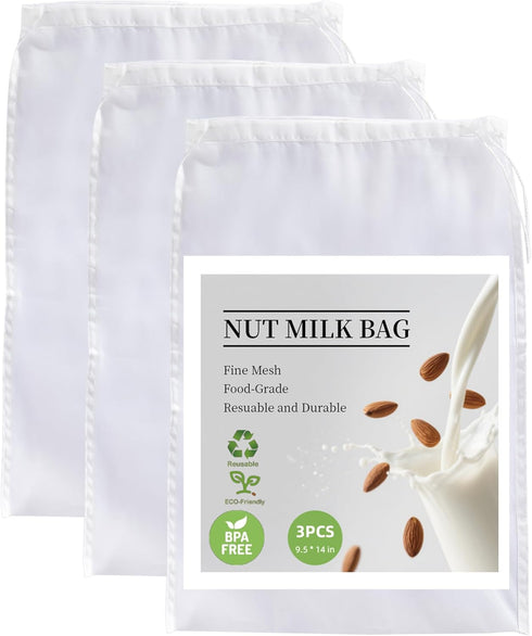 COKUMA 3 Pack Reusable Nut Milk Bag, Food-Grade Nylon Cheese Cloth Bag for