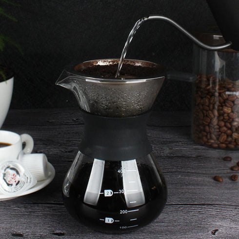 Zopsc 400ml Manual Hand Drip Glass Coffee Maker Pot with Stainless Steel Filter, Tick Marks, Fine Mesh, Suitable for