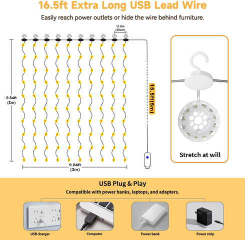 300LED 9.8x9.8Ft 8 HXWEIYE Untangled Curtain Lights, USB Fairy Twinkle String Lights with Remote and DIY Timer, Modes