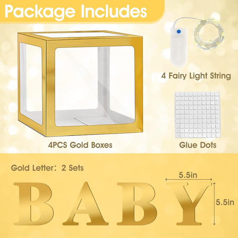 4 Lovelite Baby Boxes with Letters for Baby Shower, Clear Balloon Boxes with LED Fairy String Lights for Gender Reveal