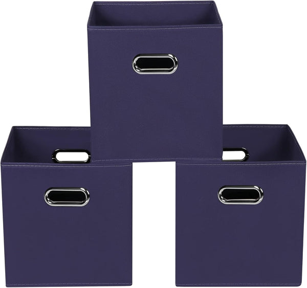 Navy Blue Fabric Storage Bins, Set of 3, 11x11x11 Foldable Cube Bins for Cloth or Accessory Storage