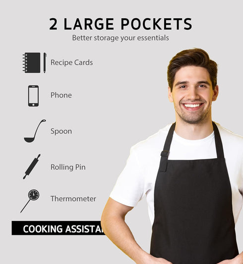 Lenenz Pack 12 Adjustable Bib Apron - of Unisex Aprons for Men - Black Aprons with Pockets