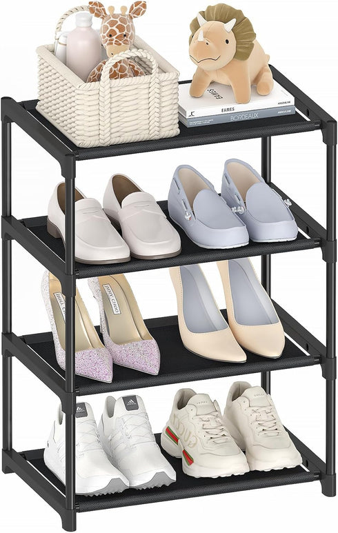 4 Tier Small Shoe Rack, Narrow Stackable Kids Toddler Adult Storage Organizer Shelf for Closet, Entryway, Bedroom