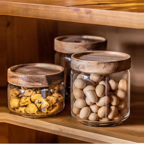 16oz (9) Glass candy Containers - kitchen Glass Airtight Storage jar With Acacia Airtight Lidfor kitchen Seasoning