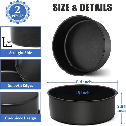 P&P CHEF 8 x 3 Inch Nonstick Cake Pan Set of 2, Round Cake Baking Pans for Birthday Wedding Layer Cake, Deep Side & One-piece Design, Stainless Steel Core & Non Toxic, Black