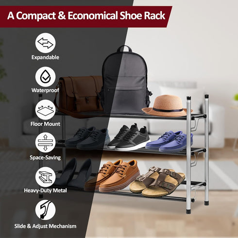 Adjustable Expandable Shoe Rack Storage Organizer, Large Free Standing Closet Shelf for Bedroom, 3 Tier