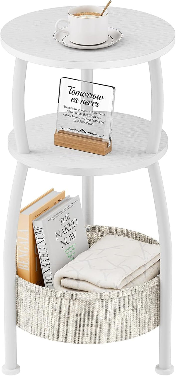 Small Round Side Table for Living Room with Storage Basket Small Space