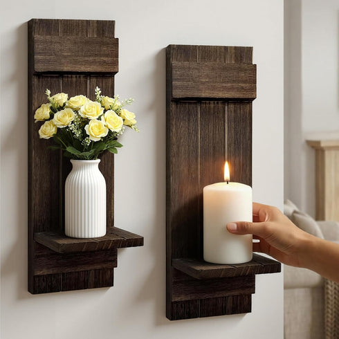 Treory Set 2: Set 15.7"x5" Candle Sconces of Farmhouse Wall Candle Holder, Black Walnut Wood Wall Sconces